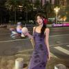 French Purple Floral Spaghetti Strap Dress - Women's Summer 2024 Waist-Hugging Long Tea Dress