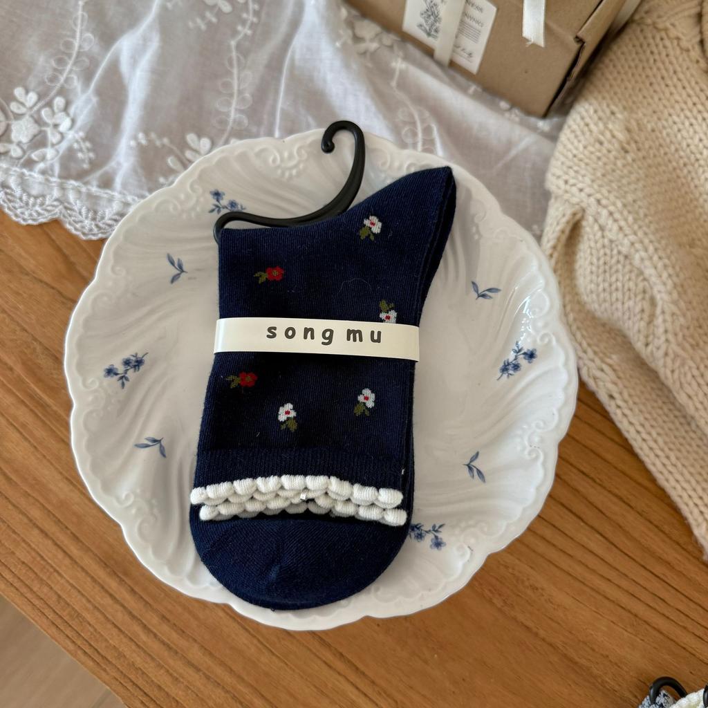 Songmu" Southern French Series Socks Mid-Tube Socks French Korean Bow Pile Cotton Socks Breathable