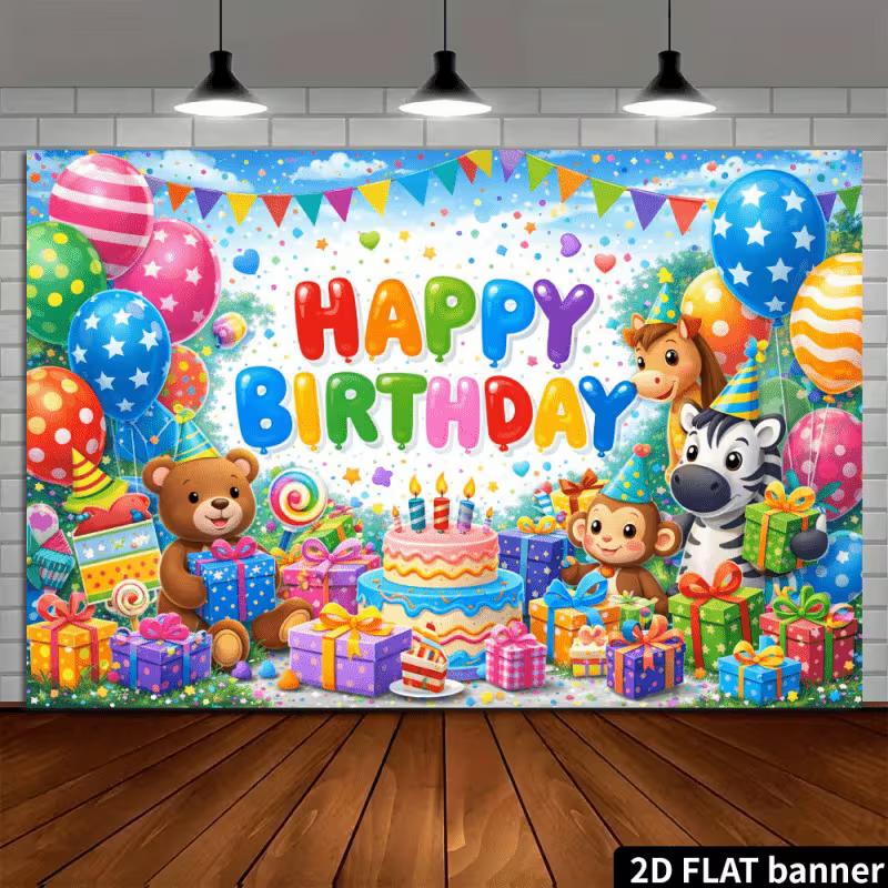 2D Cartoon Animal Birthday Banner Backdrop Kids Bright Colorful Happy Birthday Party Decor Background