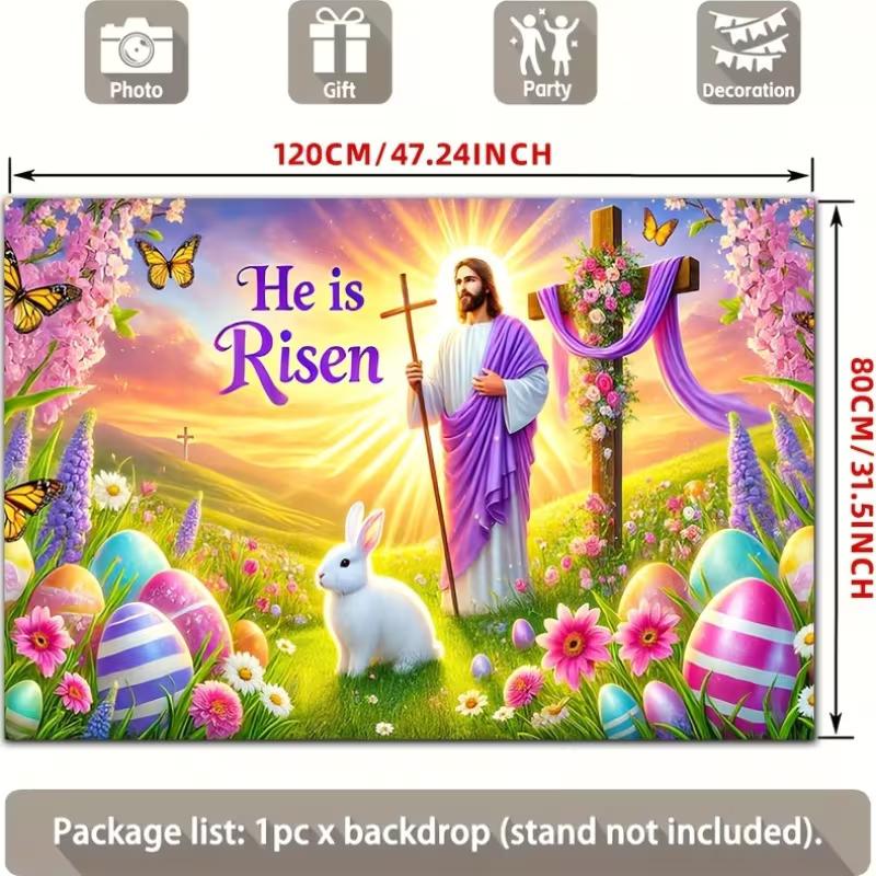 2D Christian Easter Backdrop Jesus Cross Floral & Eggs Party Banner