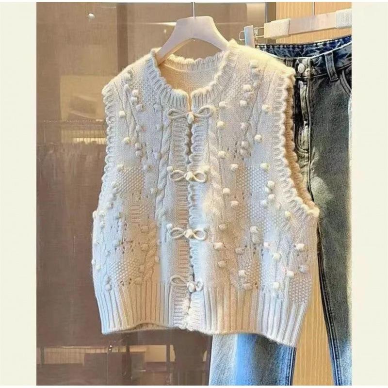 

Женский вязаный жилет в ретро китайском стиле, дизайн с 3D пряжкой, кружевной воротник, свободный топ-жилет 3XL