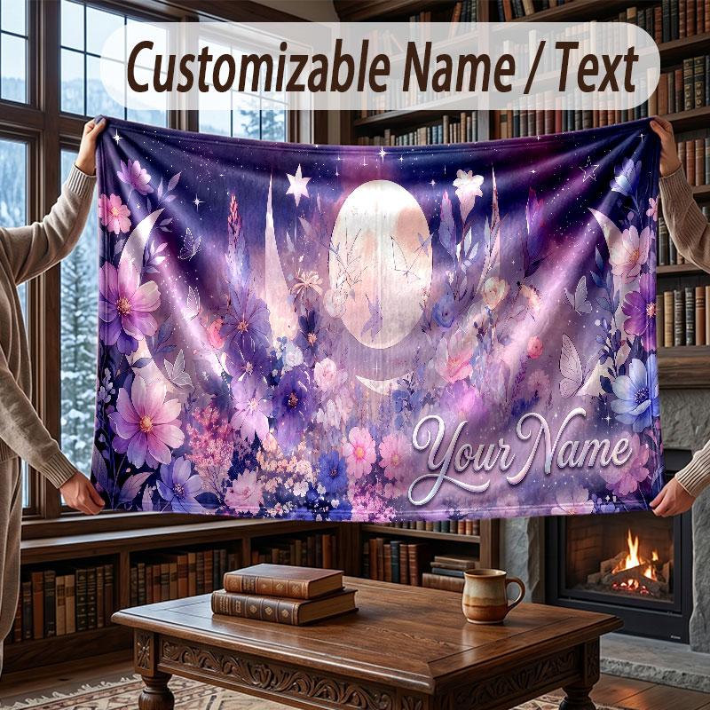 Floral Garden Theme Throw Blanket Custom Name Text Personalized Blanket Soft Cozy Blanket for Home Sofa Bed