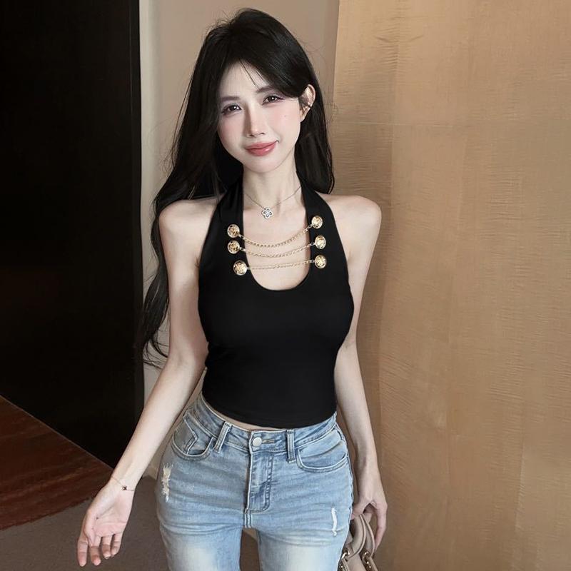 Summer Women'S Sexy Metal Chain Decoration Halterneck Sleeveless Slim Camisole
