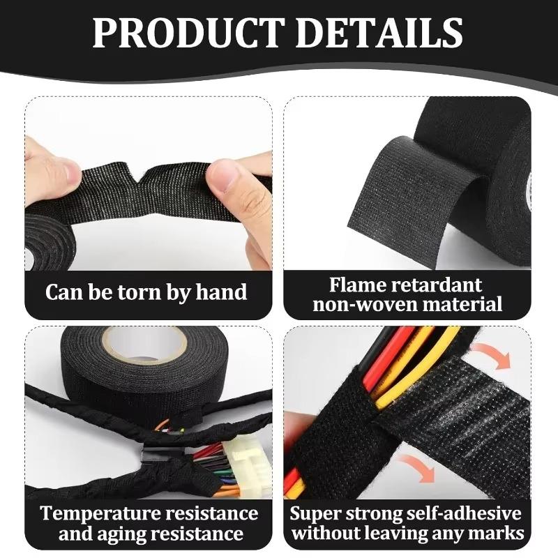 15-60M Electrical Insulating Tapes Waterproof Heat-resistant Black Adhesive Harness Cable Bundle Auto Wiring Fabric Organizer