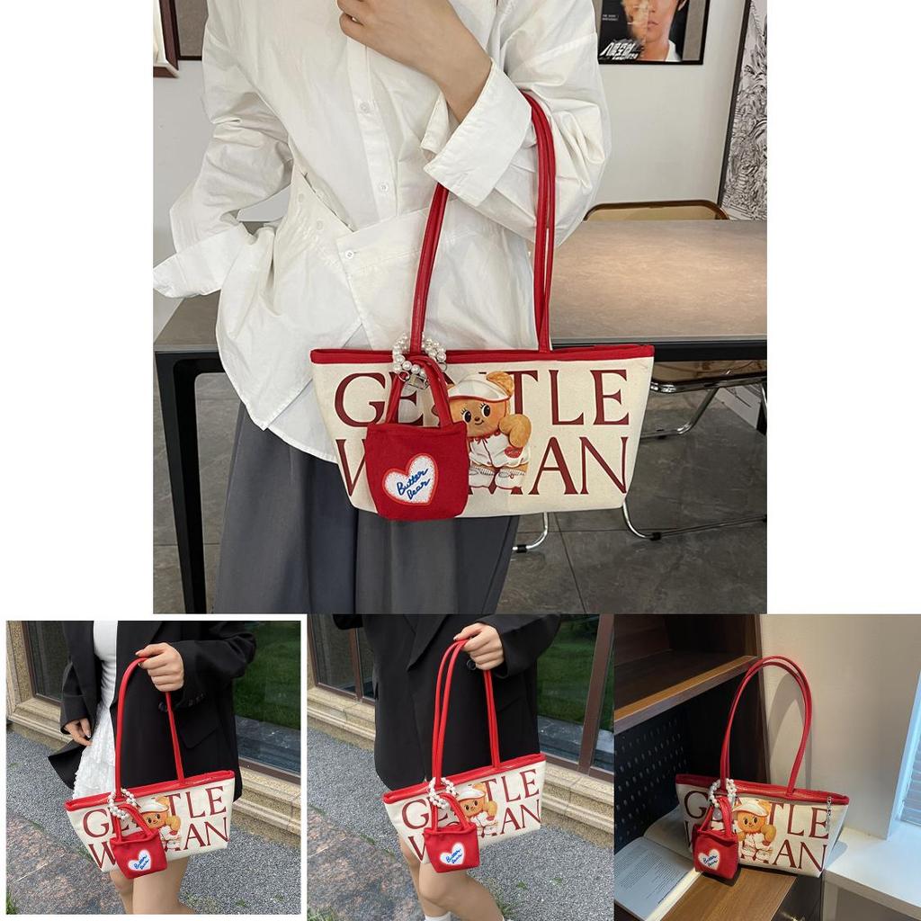 Small Bear Letter Bag Women Large Canvas Casual Commuting Bag For School And Work