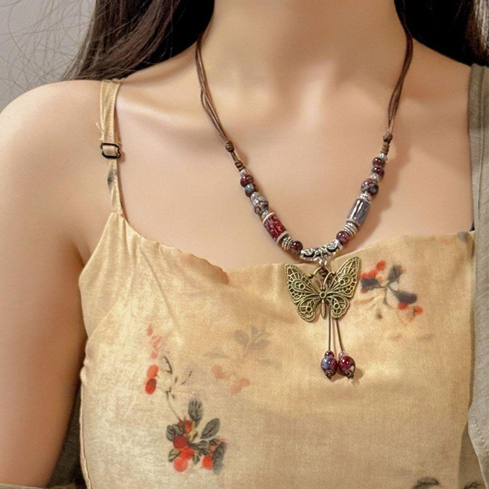Chinese Ethnic Style Butterfly Pendant Necklace Ceramic Necklace Vintage Long Sweater Chain Gifts