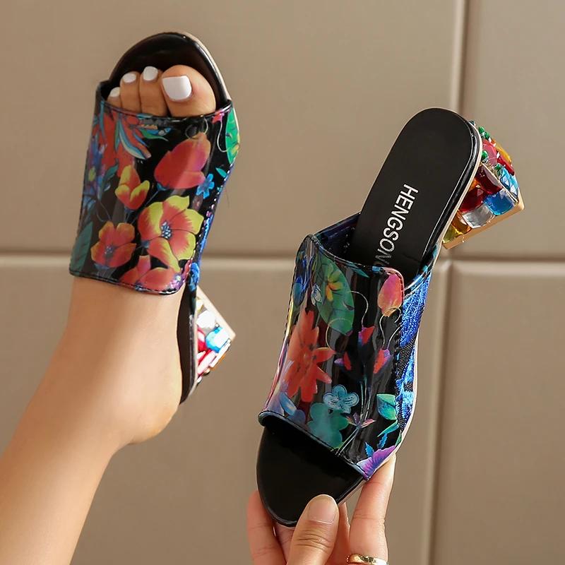 Fashion Fashion Embroidered High Heel Slippers Women Colorful Rhinestone Square Heels Sandals Woman Summer Peep Toe Slip On Mules Slides