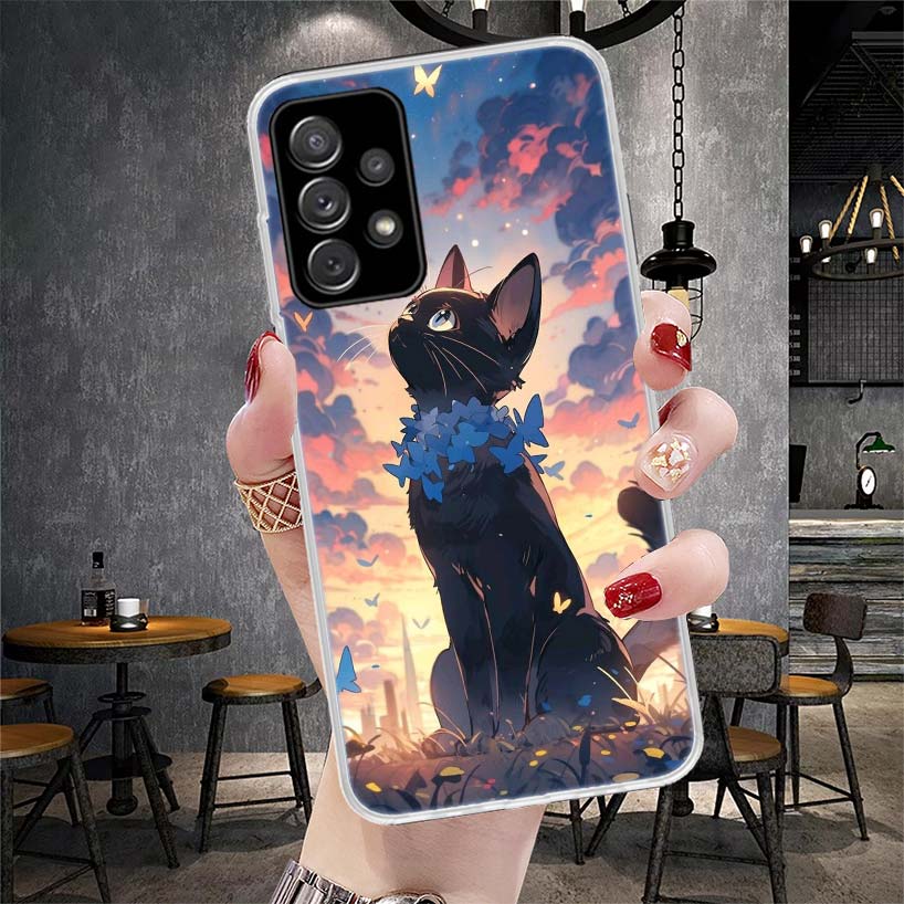 Anime Cute Black Cat Meow Phone Case For Samsung Galaxy A13 A14 A15 A16 A17 A53 A54 A55 A56 A57 A33 A34 A35 A36 A37 A23 A24 A25