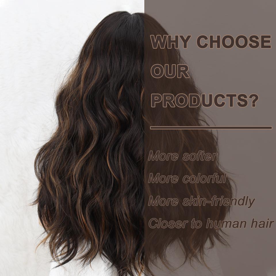 MISS WIG Lange brune bølgete parykker for kvinner Midtdel Krøllete brune blandet blonde parykker Syntetiske høydepunkter for daglig fest