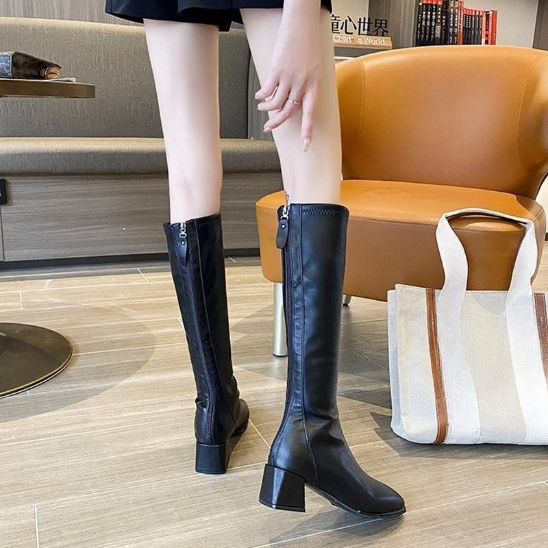Middle Heel Knee High Shaft Shoes Woman Square Toe Leather Long Boots for Women Autumn Winter Goth New in 2025 Pu Footwear Sale