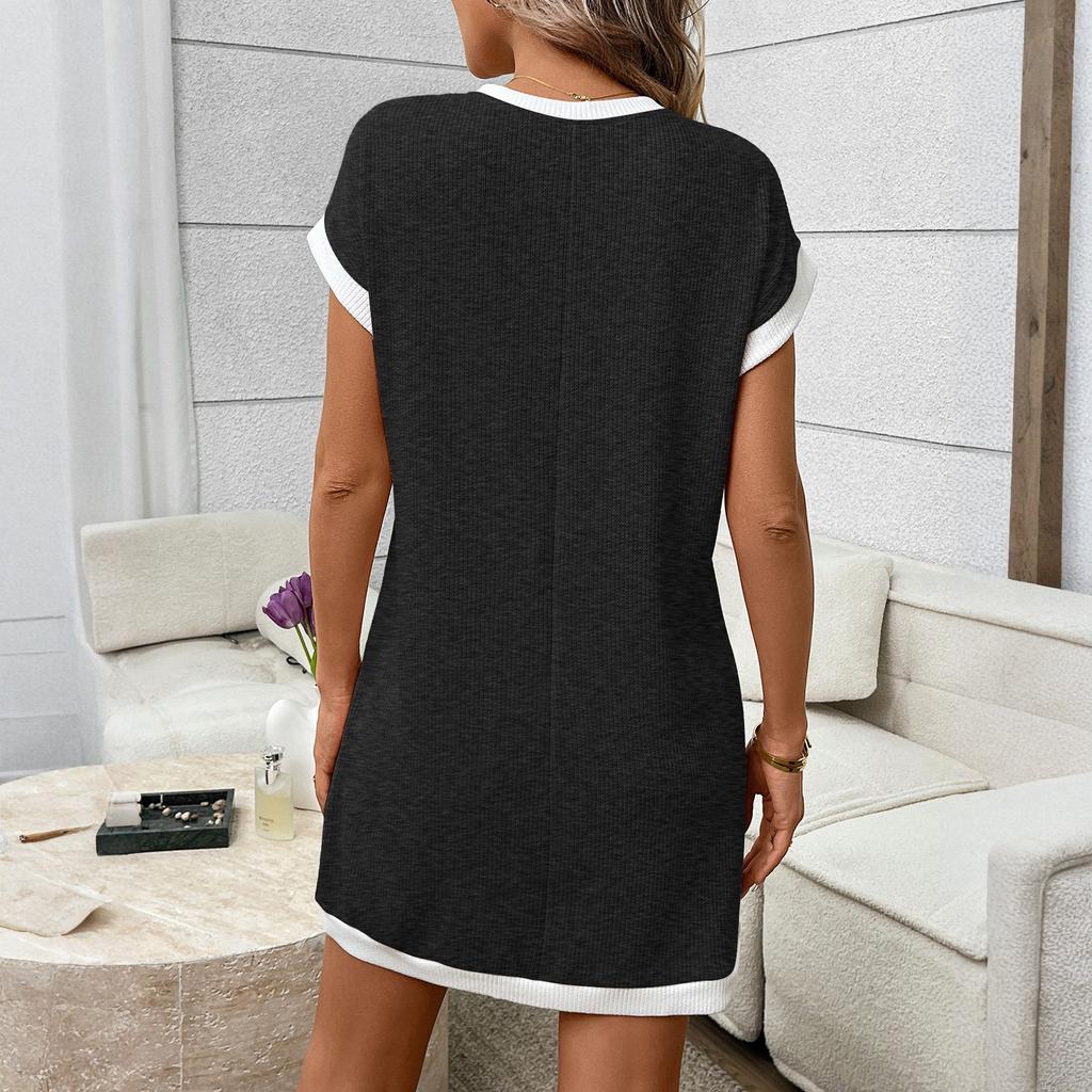 Women's Round Neck Casual Contrasting Short Sleeved Pocket Dress