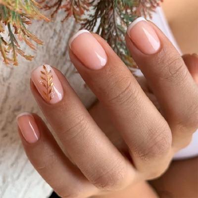 24 Pcs French Tip Stick On Nail Glossy False Nail Short Square Press On Nail Wheat Artificial Acrylic Nail