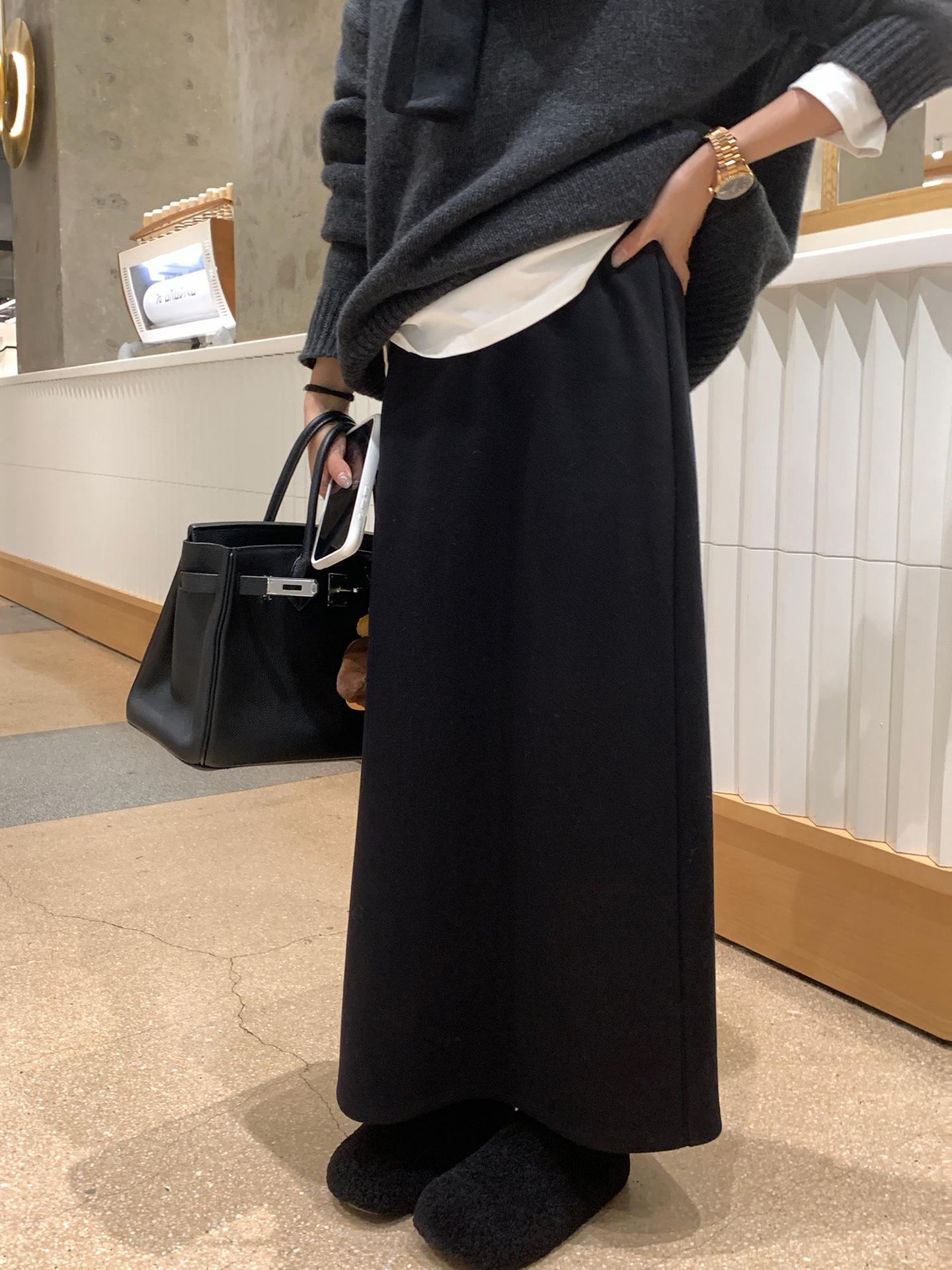 Baisiwang Women s Winter Striped A-Line Skirt – High-Waisted, Wool-Blend with Elastic Waist, Long Slit Design Small