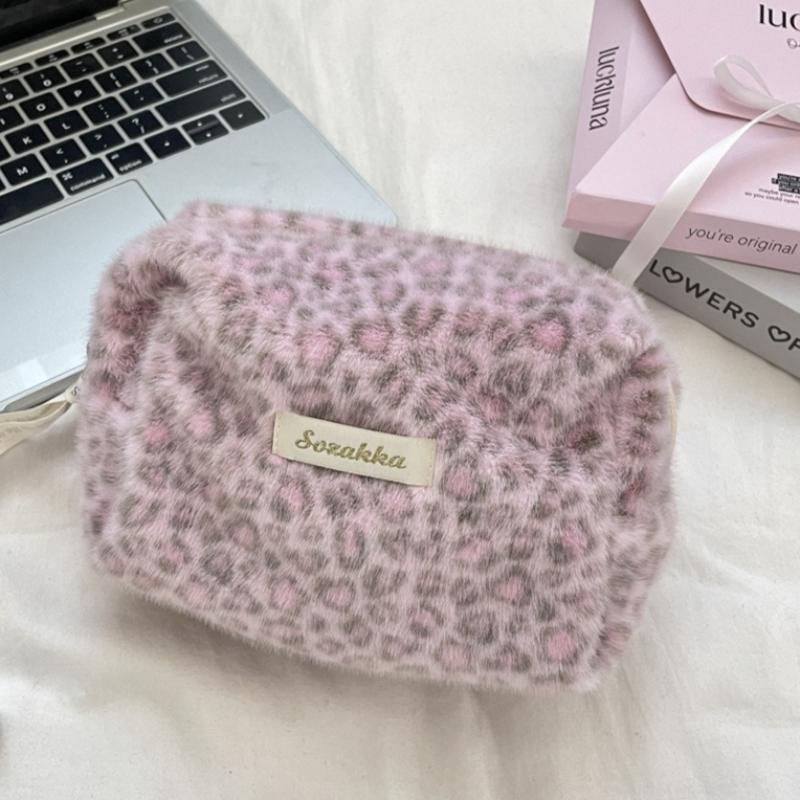 Chlupatá plyšová kosmetická taštička s leopardím potiskem, velkokapacitní, růžové kosmetické pouzdro, zipová taška, organizér na toaletní potřeby, pouzdro pro ženy a dívky