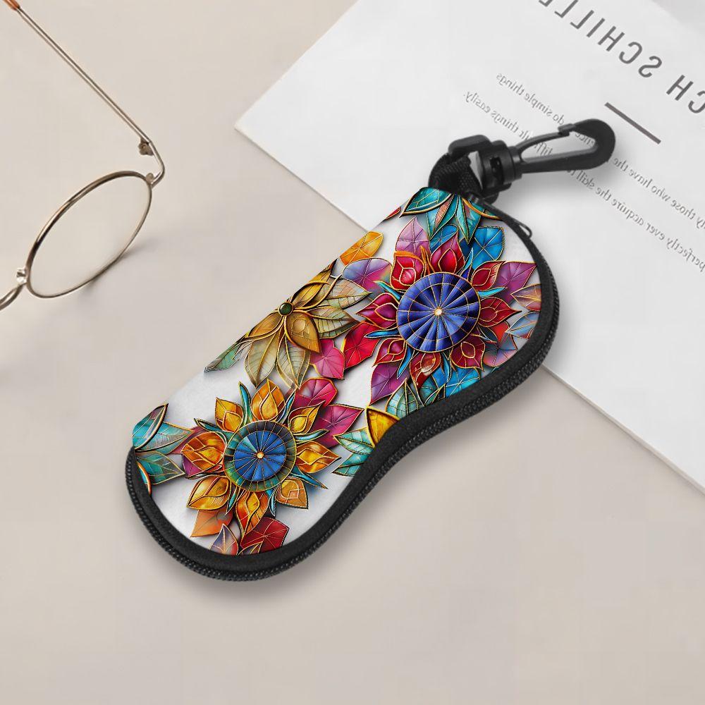 2D-Colorful Stained Glass Flower Print Sunglasses Case, Zipper Eyeglasses Protective Holder, Portable Floral Eyewear Storage Box for Travel Gifts