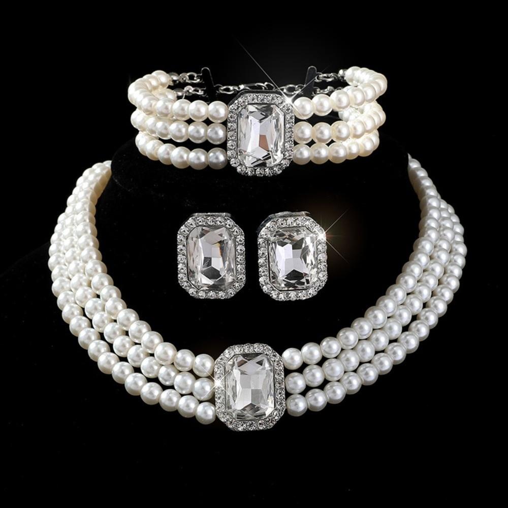 

Imitation Gem Pearl Jewelry Set Multi-layer Bead Bead Necklace Earring Necklace Bracelet Set Matching Jewelry White Pearl білий