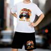 Boys 2 Piece Cool Racing Style Printed Outfit, Short Sleeve T-Shirt and Shorts Set for Kids Age 5-14,White, Black Sporty Casual Summer Clothes