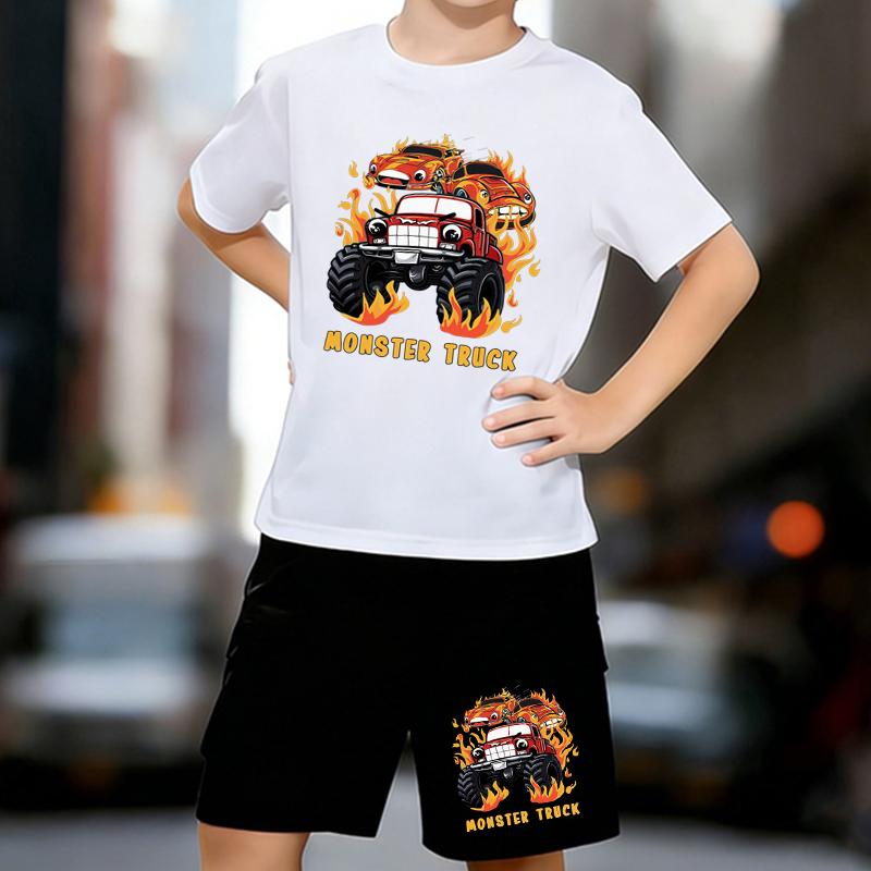 

Boys 2 Piece Cool racing style printed outfit, Short Sleeve T-Shirt and Shorts Set for Kids Age 5-14,White, Black Sporty Casual Summer Clothes 13-14 Years