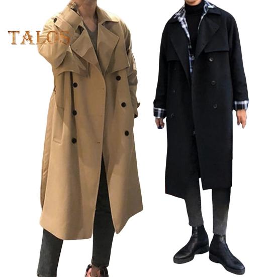 Herren Windjacke Revers Langarm Zweireihig Verstellbarer Gürtel Trenchcoat mit Taschen Einfarbig Lockere Passform Mittellange Oberbekleidung