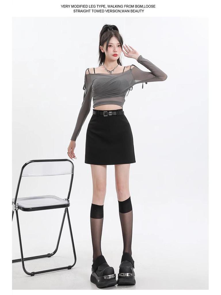 Women's Gray High-Waist Slim Fit A-Line Skirt with Built-In Shorts for Spring/Summer