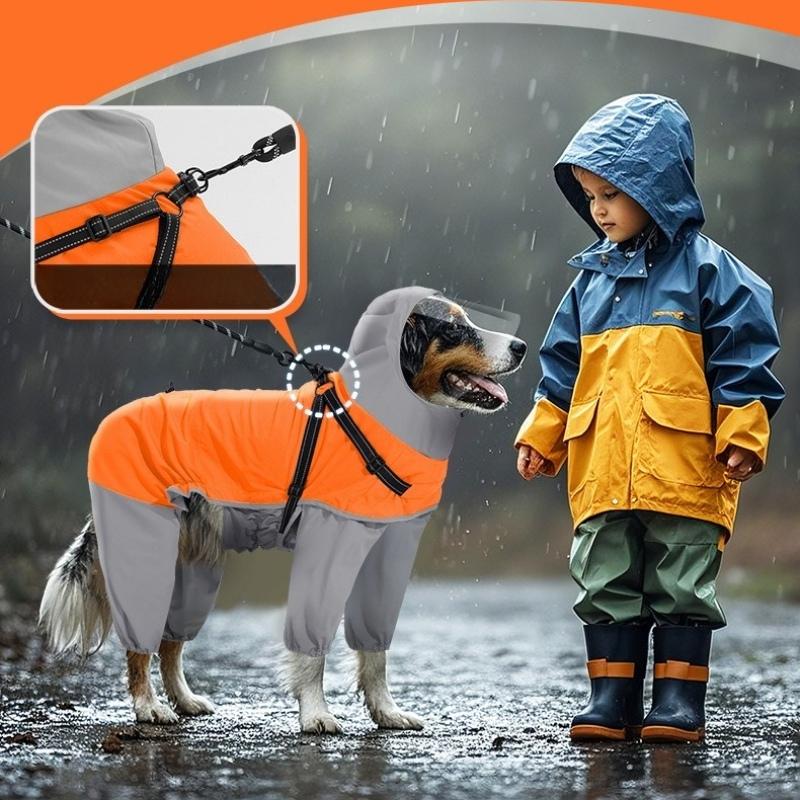 Reflective Waterproof Dog Raincoat with Hood Transparent Mask Full Coverage Pet Raincoat, Medium Large Dogs, with Traction Hole
