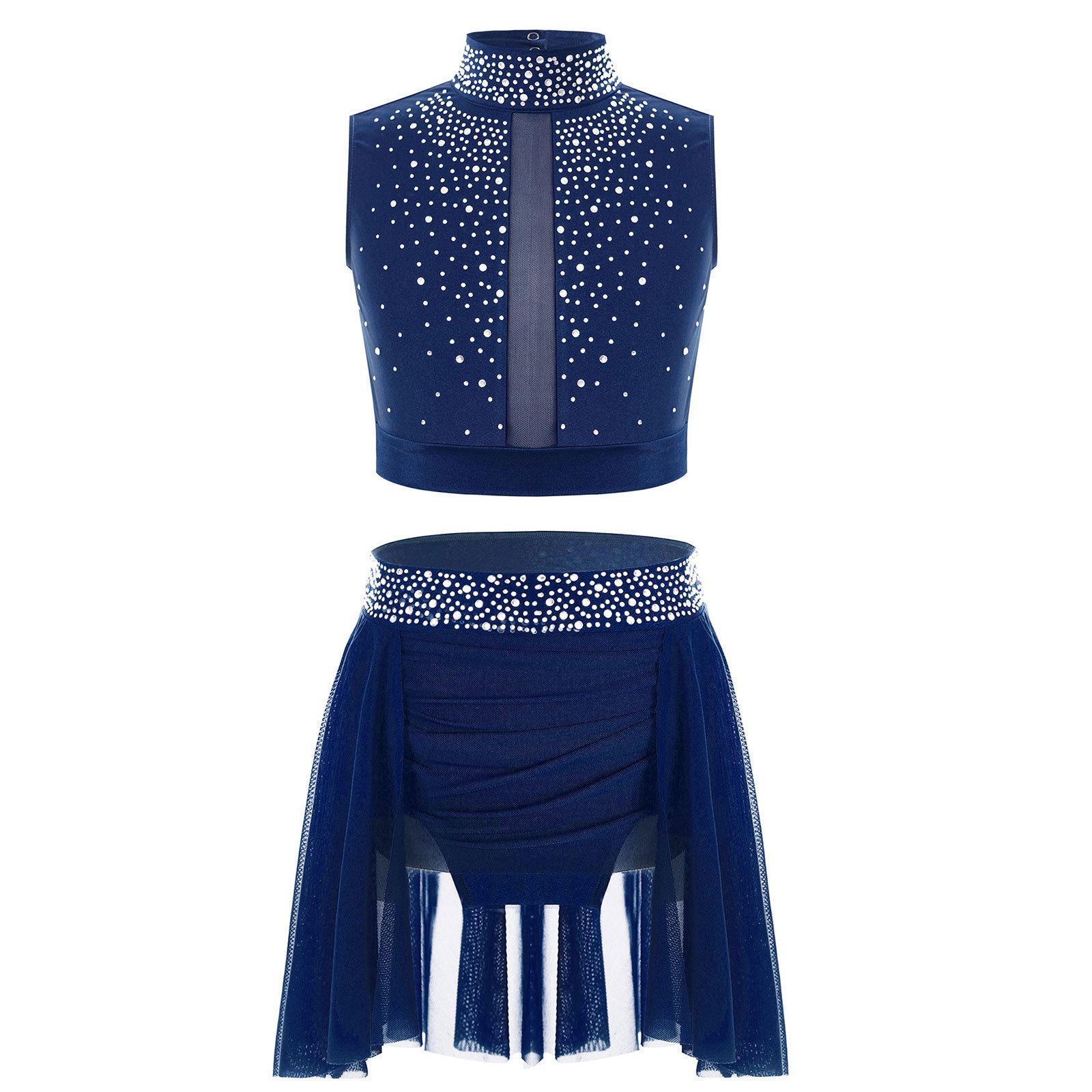 

Одяг для танцювального виступу для дівчаток, топ-кроп з коміром-стійкою, без рукавів, з вирізом-краплею на спині, з блискучими стразами, спідниця 7-8 Years темно-синього кольору