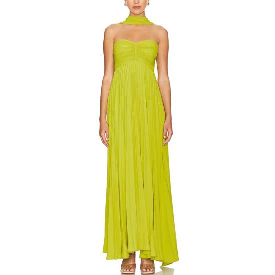 Women's Strapless Tube Top Maxi Dress Off Shoulder Pleated Long Dress with Neck