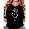 Plus-size T-shirt with Minimalist Line Art Featuring Roses, Hearts, and Lettering. Black Short-sleeve Round-neck Printed Tee - Machine Washable,