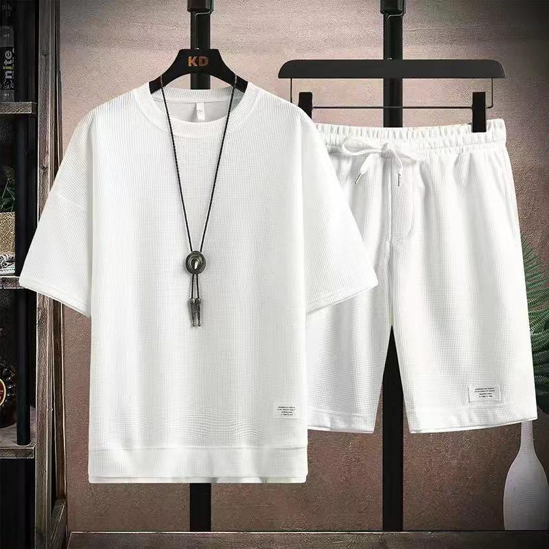 Men's Korean Style Summer Casual Waffle Knit 2-Piece Set: T-Shirt + Shorts