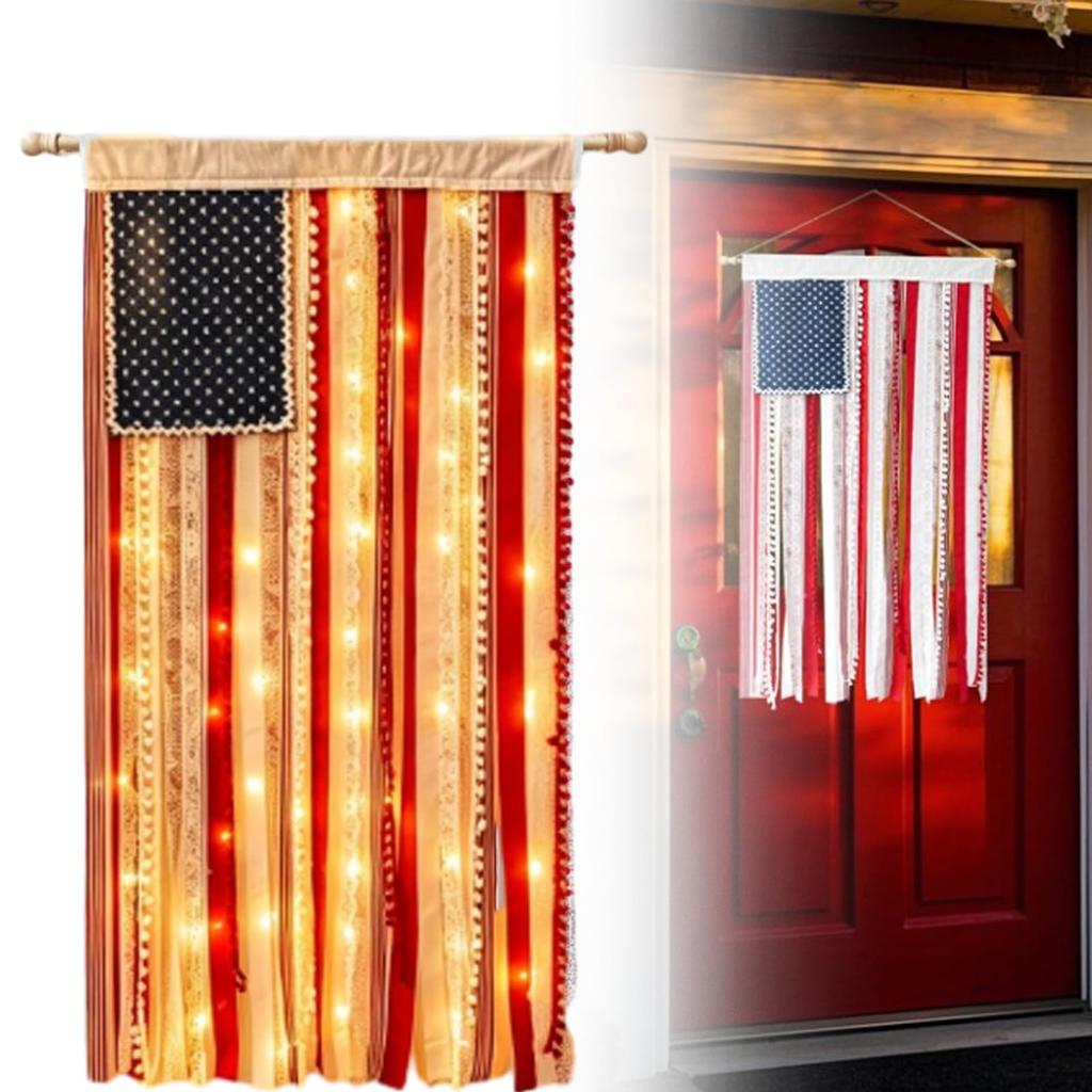 Fabric Banner with Lighting Feature Vintage American Flag Stripes Design Suitable for Outdoor Garden Patio Home Party Decoration