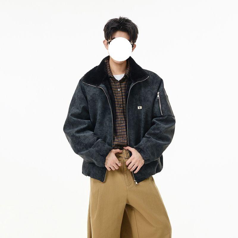 

Men s American-Style Lambswool Lapel Cotton Jacket: Trendy Winter Tie-Dye PU Leather & Fur Coat XXL чорний