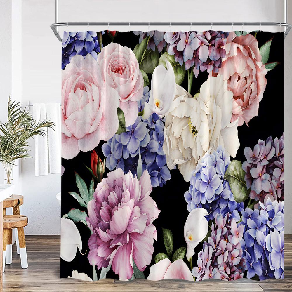 Vintage Floral Shower Curtain Colorful Flower Blossom Plant Green Leaf Dark Bathroom Decoration Polyester Bath Curtain with Hook