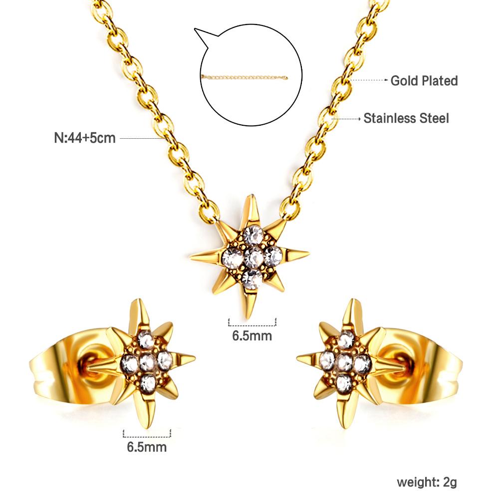 Fashion Bridal Gold Stainless Steel Pendant Necklace Earrings Jewelry Set for Women Plated18k Gold Necklace and Studs Earrings