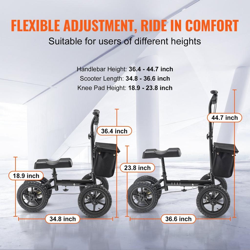 Folding Knee Scooter, Aluminum Steerable Knee Walker with Height-Adjustable Handlebar & Knee Pad, 12" All-Terrain Wheels, Dual Brakes, Leg Recovery