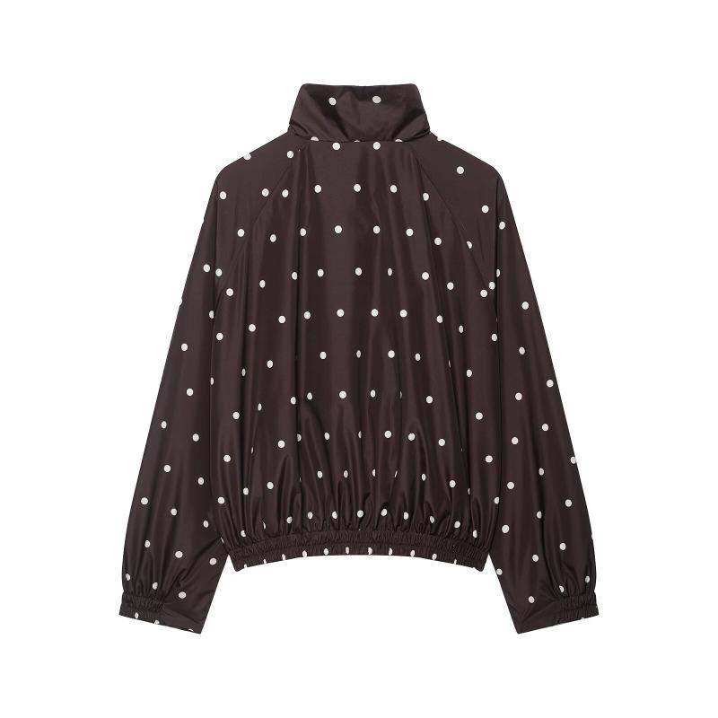 Women Loose Fit Black Polka Dot Zipper Long Sleeve Jacket Casual Autumn