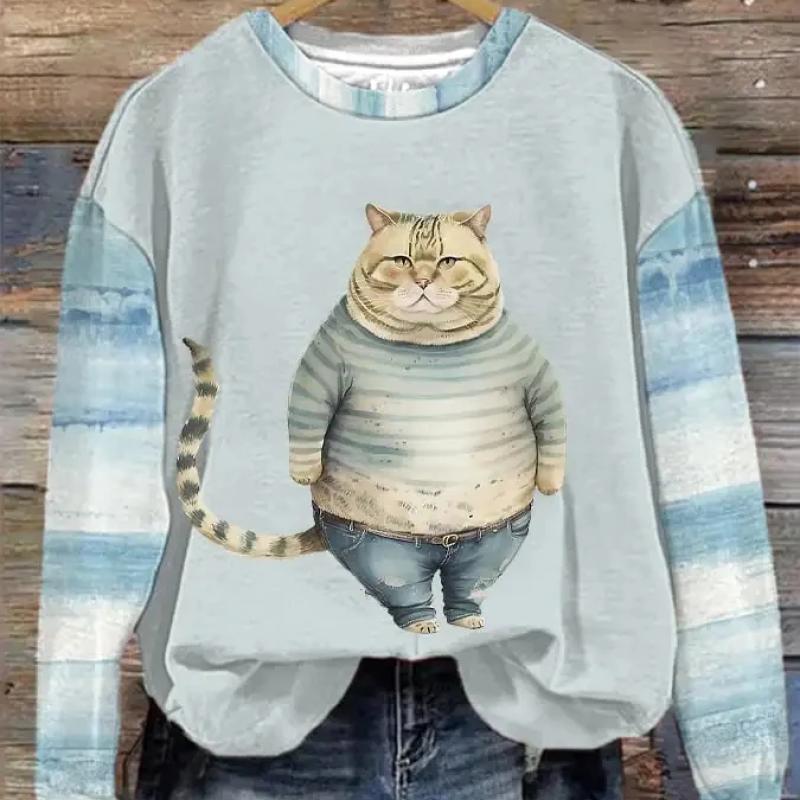 Stripet katt hettegenser for kvinner Mote O-hals genser Topp Uformell Streetwear Dame Genser Hip-Hop Dame Genser Klær