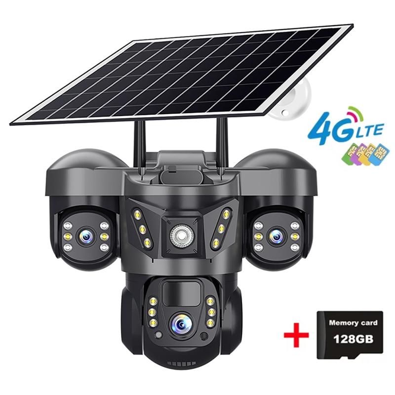 Cameră Solară 4G de Exterior Obiectiv Triplu Trei Ecrane 15MP Cameră IP cu Panou Solar Baterie Încorporată Detectare Mișcare PIR Cameră CCTV