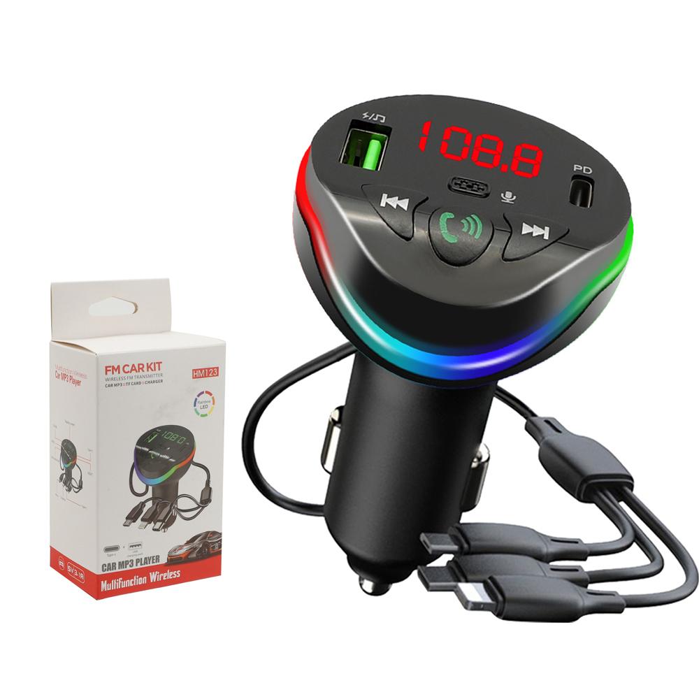 Bluetooth 5.0 Car FM Transmitter Modulator Hands-free Call MP3 Player USB PD Quick Charger 66W With 3in1 Cable for IPhone Huawei