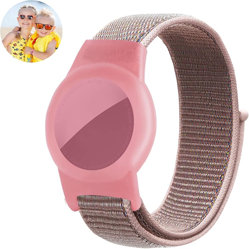 Wristband Compatible with Apple AirTag, Adjustable Kids Nylon Bracelet for AirTag, Anti Lost GPS Trackers Case Cover Watch Band for Toddlers Girls 1PCS-Pink