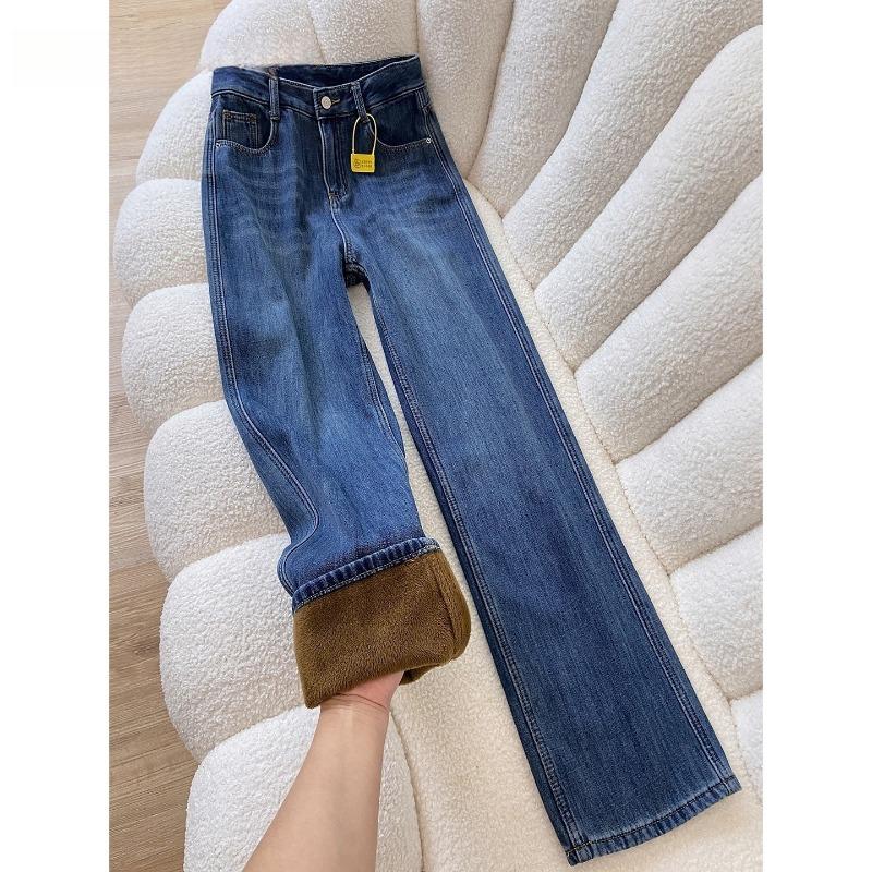 Retro Blue Velvet Thickened Loose Straight Jeans Women's Autumn and Winter New High-waisted Versatile Narrow Wide-leg Pants