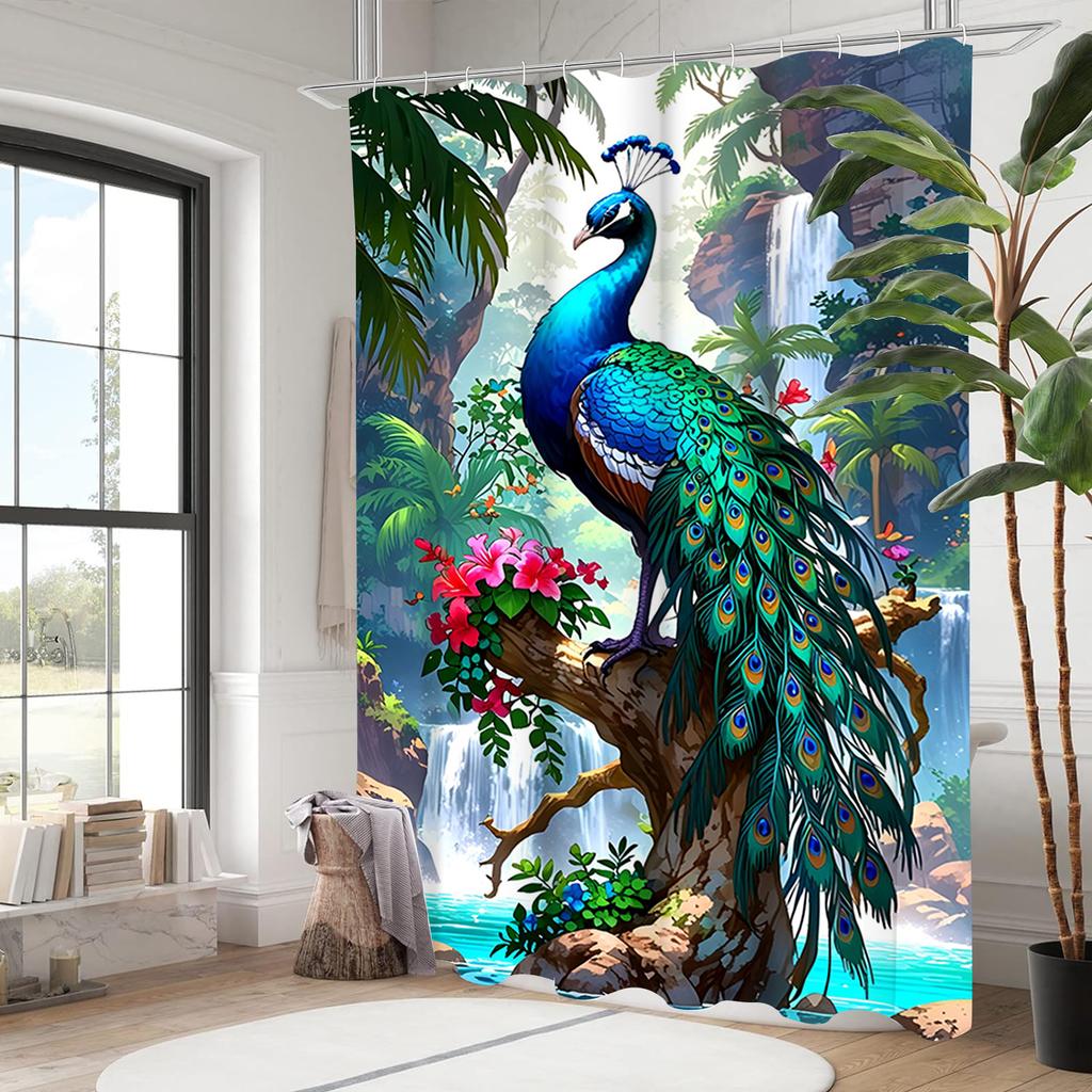 Animal Elegant Peacock Pattern Bathroom Shower Curtain With 12 Hooks Home Bathroom Decor And Accessories