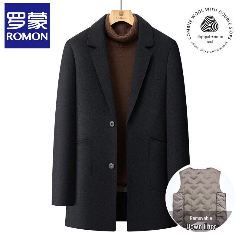 Romon Men's Mid-Length Wool Blend Overcoat with Detachable Goose Down Liner