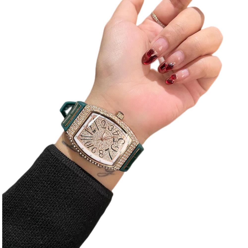 Richard Home Women's Barrel-Shaped Quartz Watch with Leather Strap and Diamond Face.