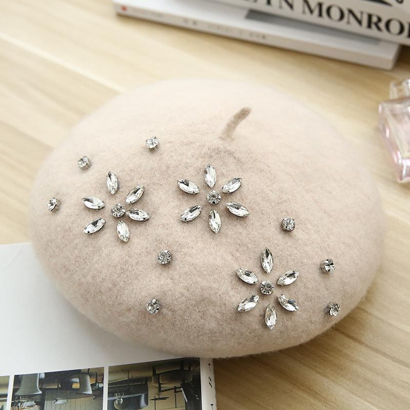 VISROVER Woman Wool Winter Beret DIY Female Rhinestone Wool Cap Autumn Winter Hat Solid Color Top Quality Women Boina Wholesales