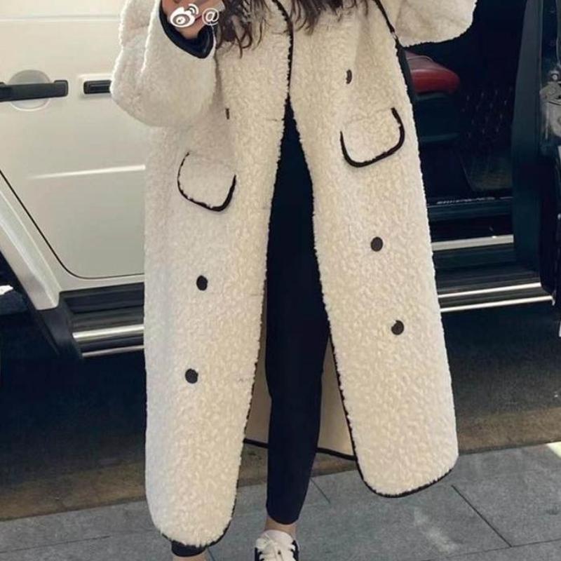 Autumn Winter Women's Shearling Korean-Style Long-Length High-End British-Style Casual Woolen Coat Cardigan