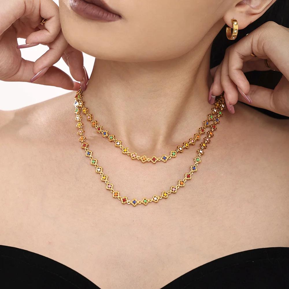 1 Piece Stainless Steel Small Flower Handmade Chain Oil Drip Colorful Heavy Work Necklace Bracelet Ladies Zircon Accessories