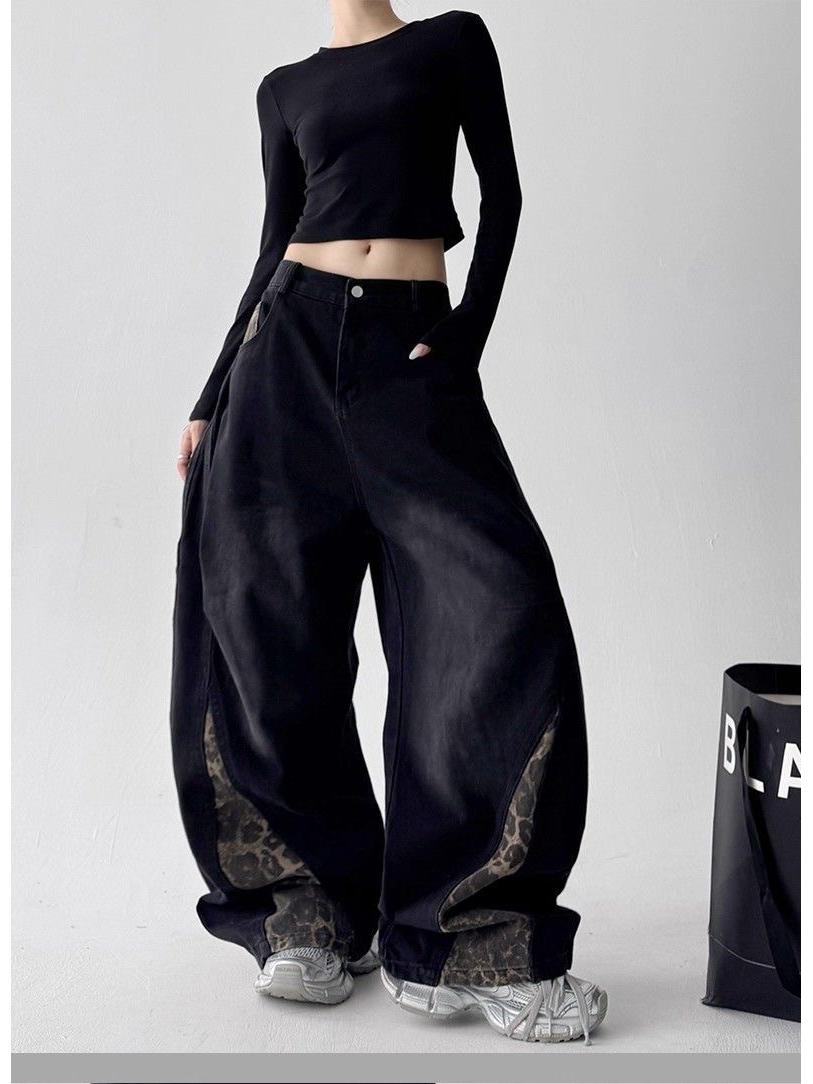 Retro Spicy Leopard Print Patchwork Jeans - Women s Loose Hip Hop Style for Autumn/Winter 3XL