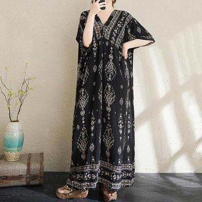 Krátky rukáv Plus size Bavlnená vintage kvetinová novinka v šatách pre ženy ležérne voľné dlhé letné šaty