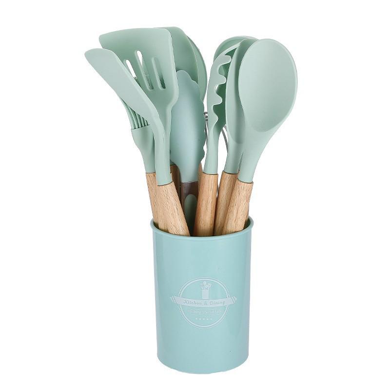 780g Silicone Kitchen Non-Stick 12-Piece Cookware Set with Wooden Handle Spatula Turner, Barrel Packaging
