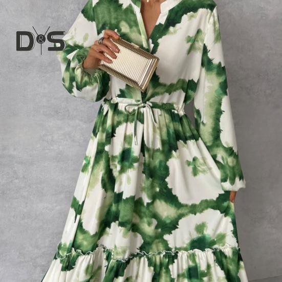 Spring Fall Dress V Neck Shirring A-line Big Swing Full Length Slim Waist Lantern Sleeves Ruffle Artistic Color Matching Print Prom Cocktail Party